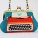 Retro typewriters on blue - metal frame handbag with shoulder strap