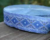 Jacquard Metallic Royal and Sky Blue Gold Arabesque DIAMOND Ribbon Trim 1 1/4 inch width - 2 yards