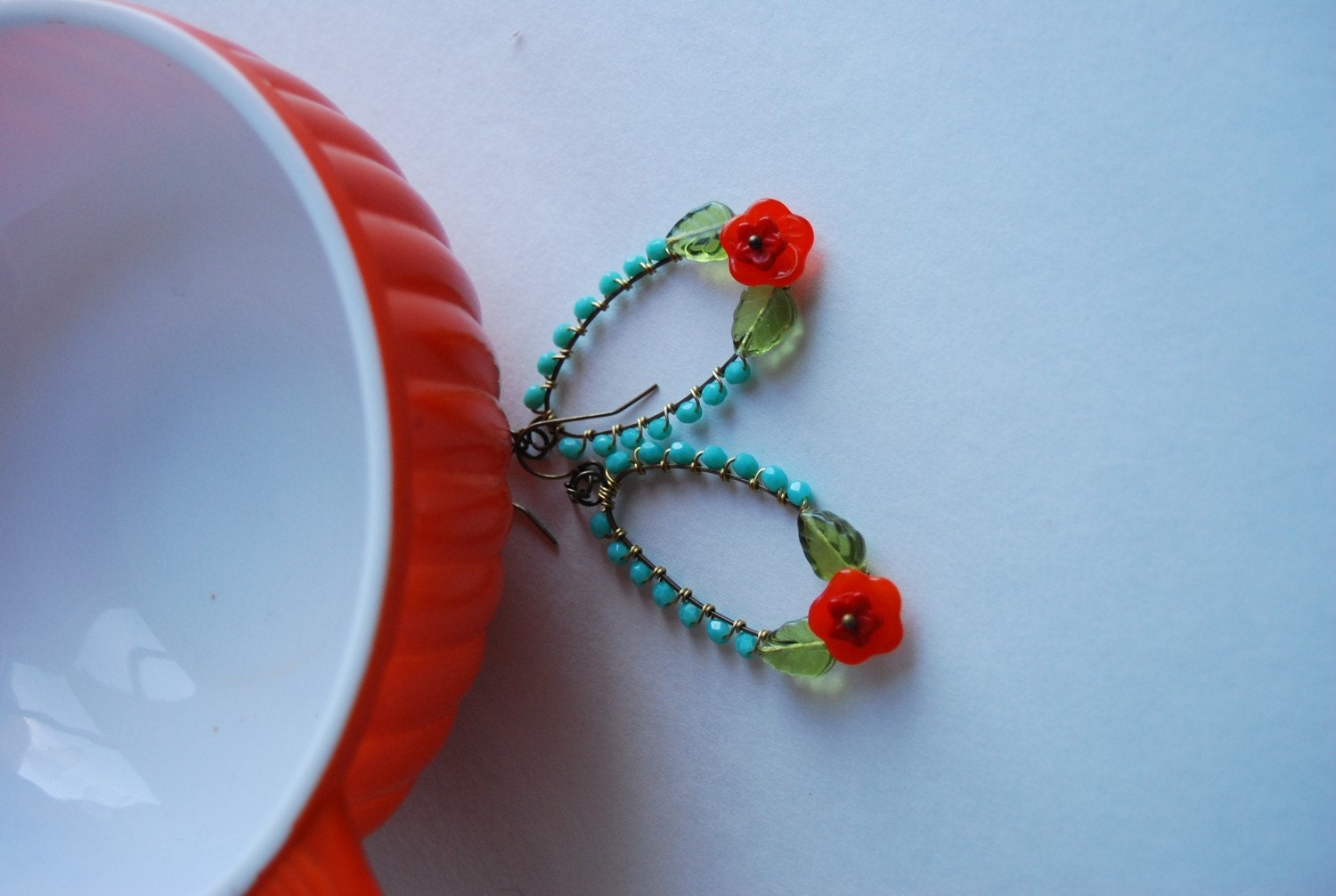 Frida's garden earrings  in  turqouise and red orange