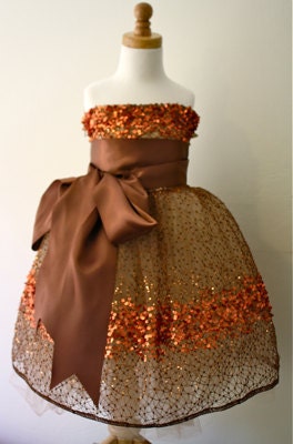 Copper Constellation Flower Girl Dress-  Chocolate Brown Sash Example