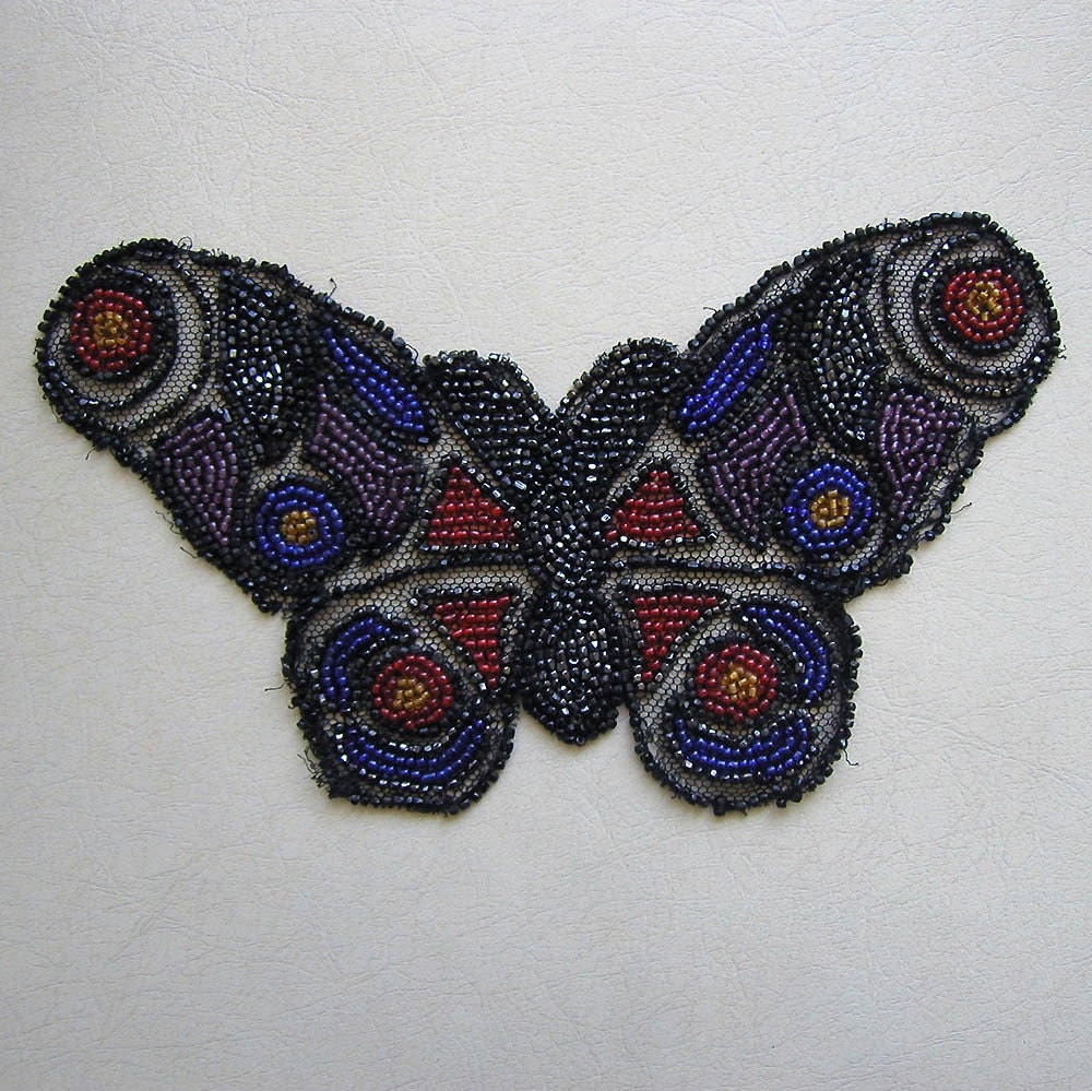 Victorian Beadwork Antique Dress Fragment Beaded Butterfly Applique Vintage Sewing