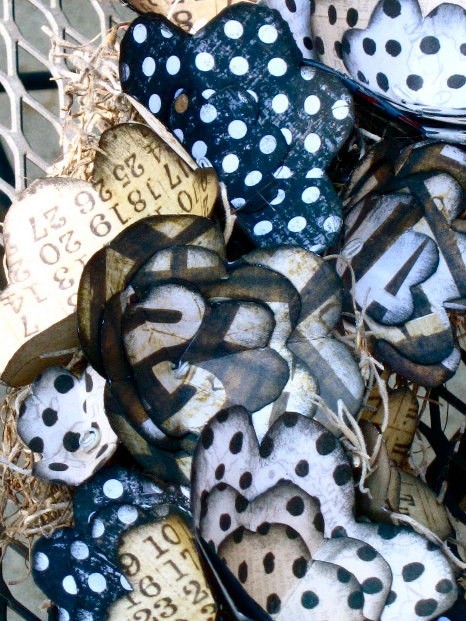 Black, white, cream, beige, paper flower wreath