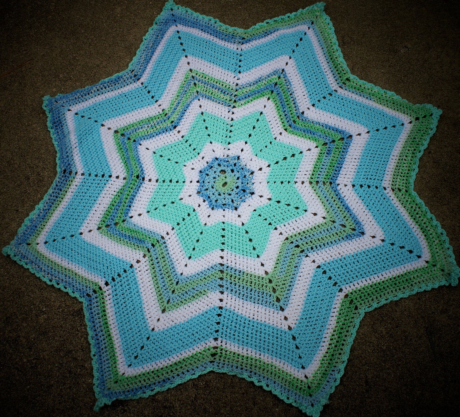 Baby boy afghan blanket and hat crochet in blue , green , white , teal and aqua 2 piece newborn gift set