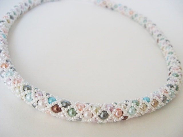Pearl Rope Collar Necklace White Blue Pink Silver Gold Bronze Green Purple Beaded Handmade Elegant Holiday Christmas Gift Winter Fashion