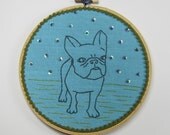 frenchie in aqua and olive-hand embroidery