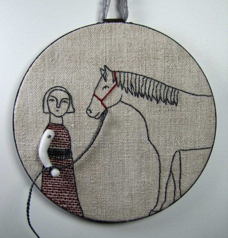 hand embroidery-girl and her horse no. 3 in charcoal gray and deep red