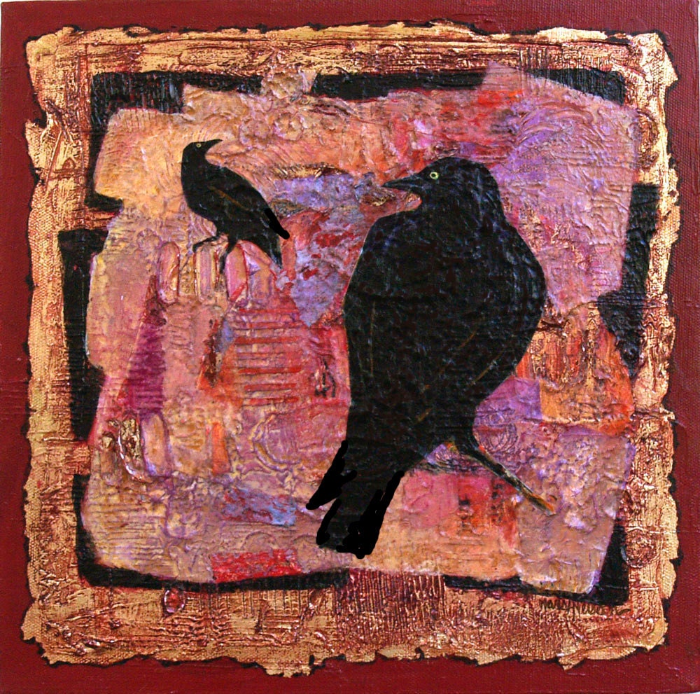 Black Birds,  Abstract Acrylic Collage Original Painting, Mixed Media, 12x12 Canvas