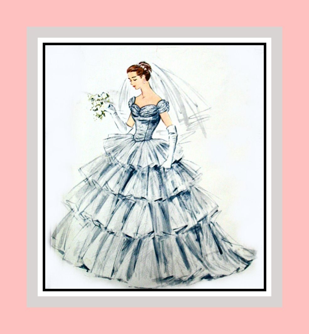 Vintage 1954 -Exquisite Tiered and Draped Wedding Gown -Formal &  Ballerina Length -Sewing Pattern -Size 14 -Mega Rare- Very Collectible