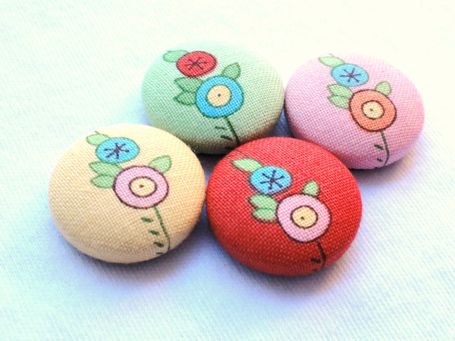 Red Green Pink Yellow Floral Flower Fabric Covered Button Magnets (set of 4)