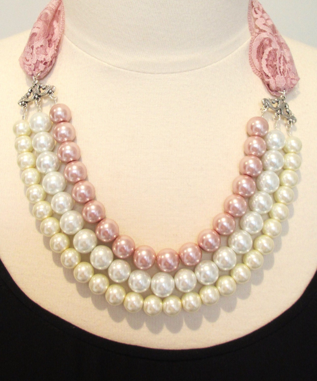 Pink statement necklace pearl & lace necklace bib necklace pale pink bow necklace bridal necklace elegant necklace-Peony Pearls Necklace