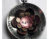 Layered copper, brass and nickel flower pendant customized with names.