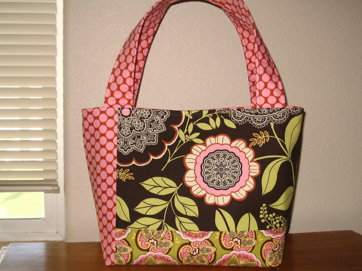 Amy Butler's Lacework in Olive and Moon Dots in Camel  Fabric Boutique Bag - Tote - Purse