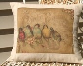Rainbow of French Birds Postcard Bird  Throw Pillow