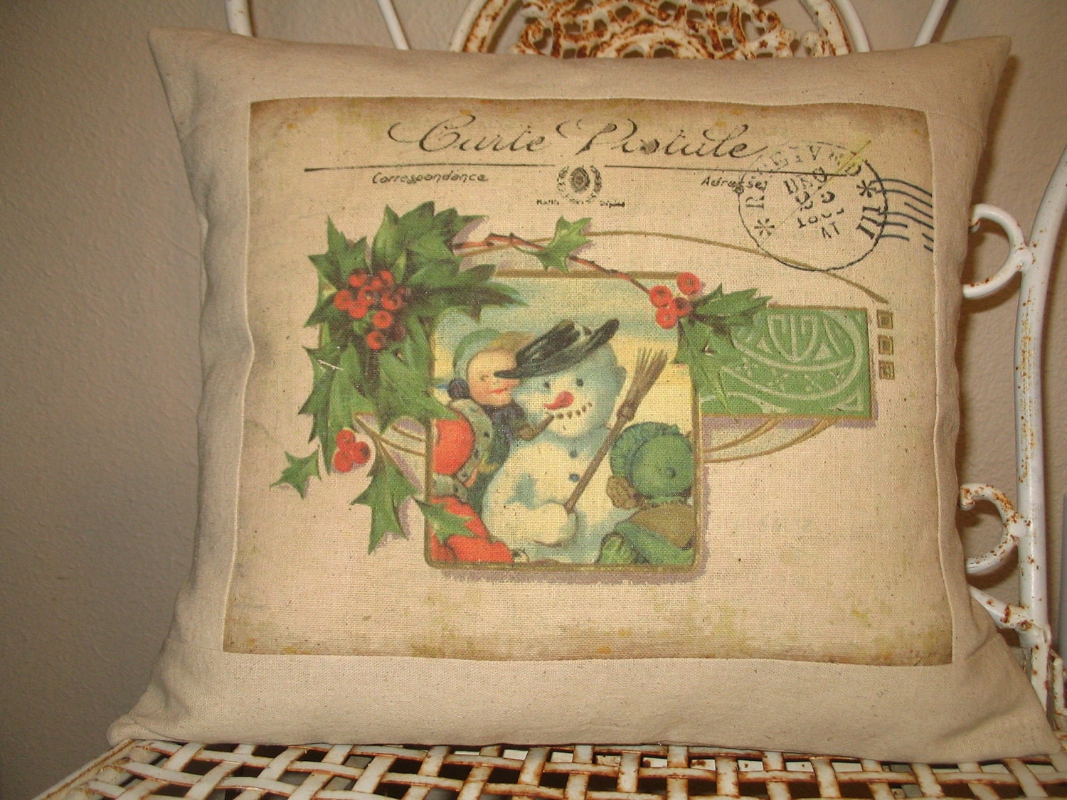 Christmas Pillow - Vintage Snowman Christmas Postcard Throw Pillow