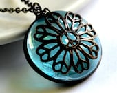 Stained Glass Jewelry Necklace - pale Aqua Glass Cab - Peaceful Flower