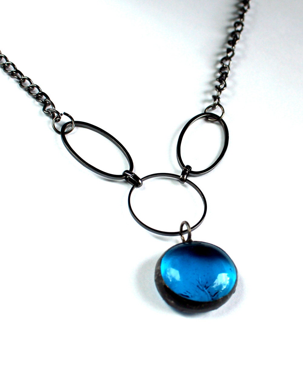 Stained Glass Jewelry Necklace - Aqua Cab Chain Drop