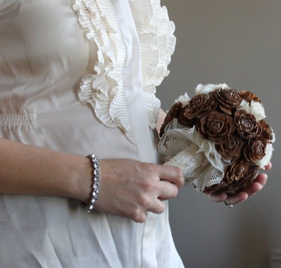 Cedar Roses and Lace Wedding Bouquet & Boutonniere