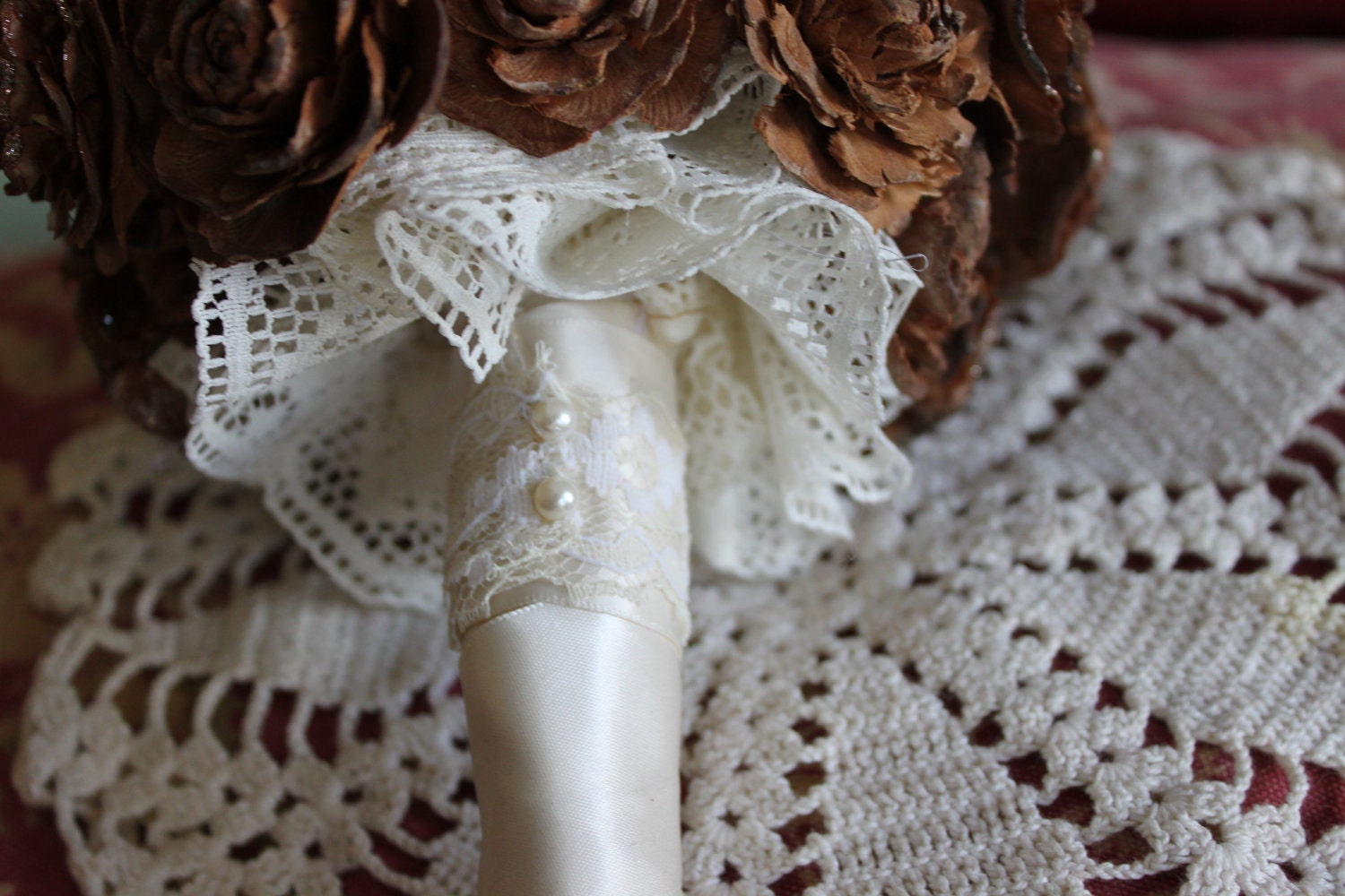 Cedar Roses and Lace Wedding Bouquet & Boutonniere