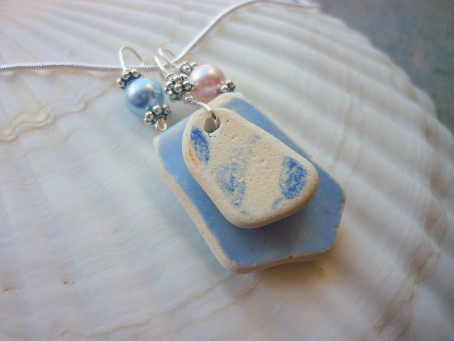 Sea Beach Pottery Shard Necklace Double Blue Seaglass