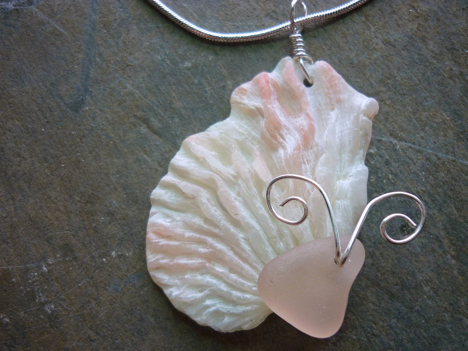 Pink Sea Glass Necklace - Seashell Butterfly Wings Beach Seaglass