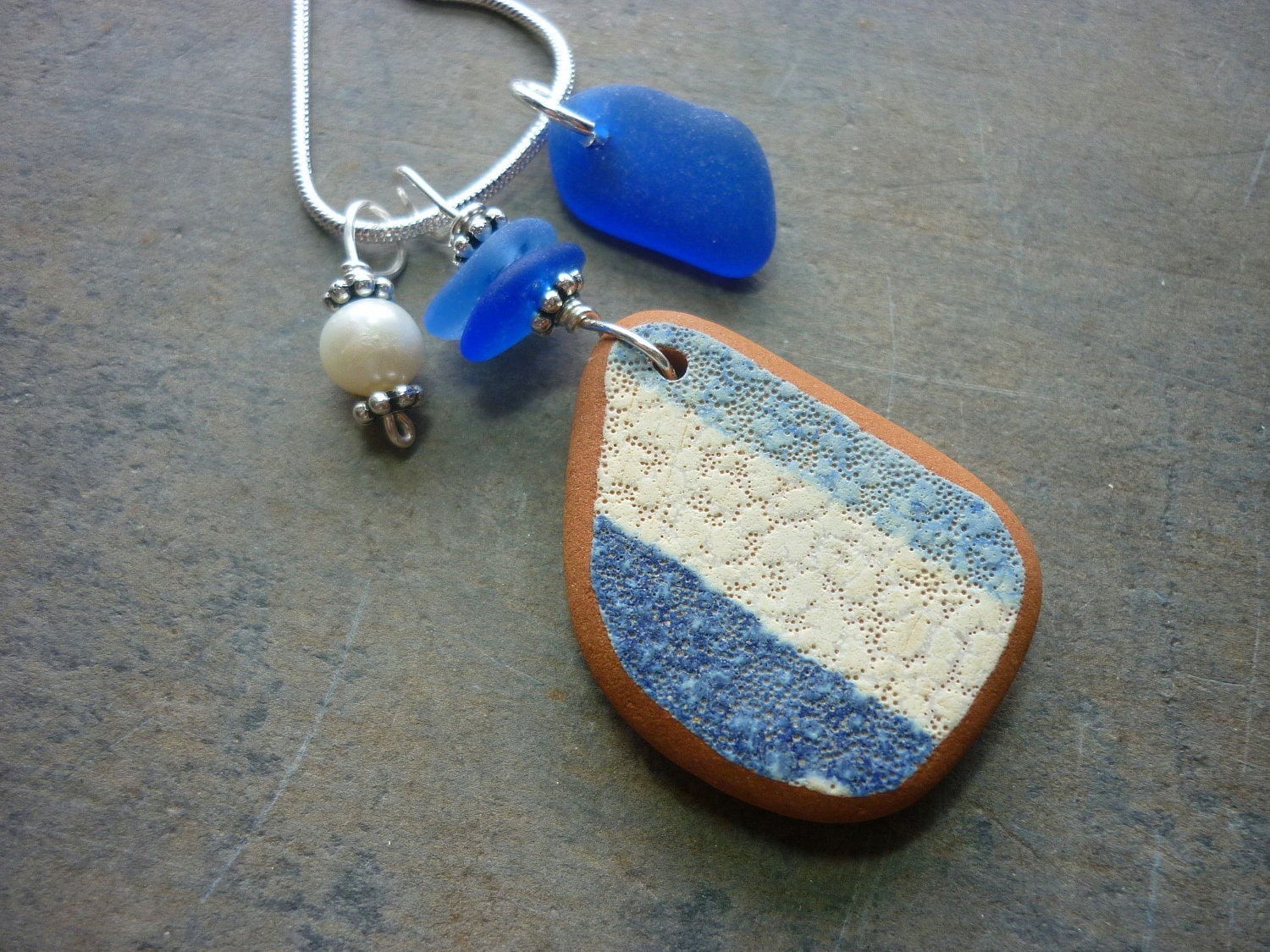 Sea Glass Necklace: Blue Sea Pottery Shard Beach Seaglass