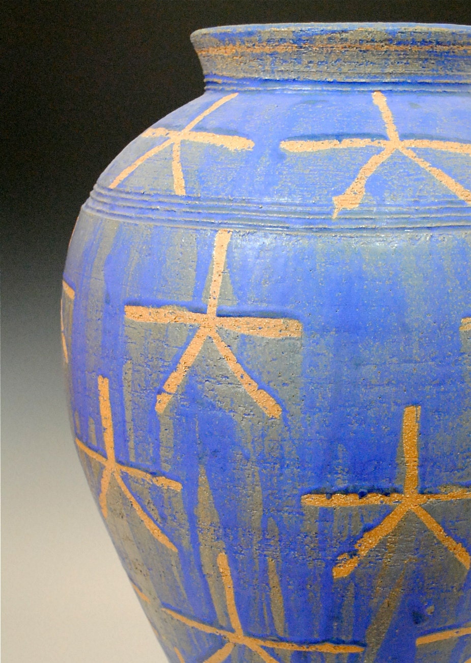 Large Blue Vase:  Egyptian Star Pattern Floor Vase