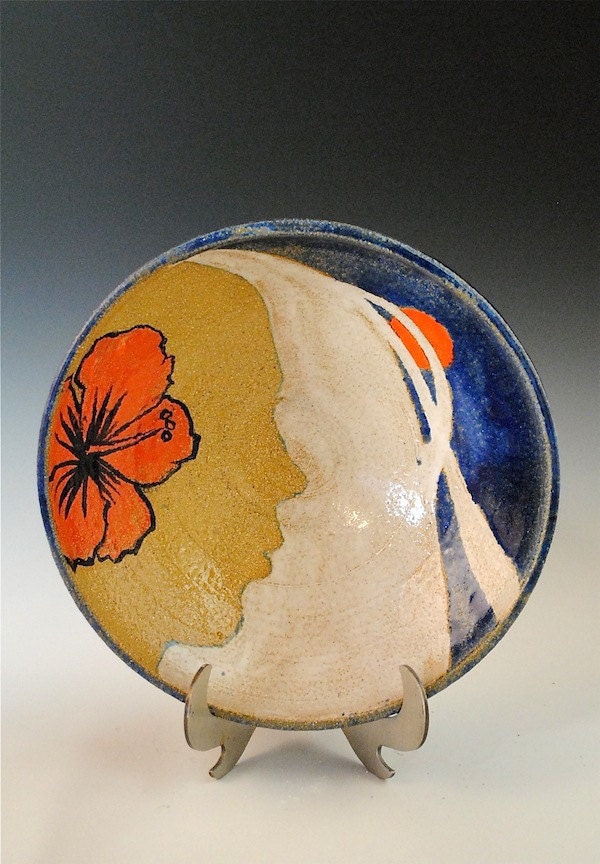 Ceramic Bowl: Women with Hibiscus Flower Red Stoneware Pottery