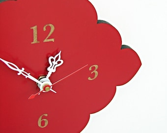 small wall clock with scalloped edges - pale blue, cherry red, natural birch