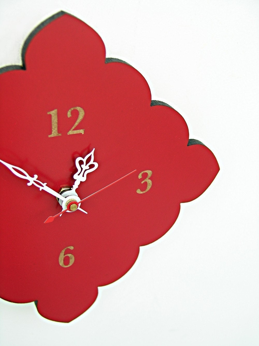 small wall clock with scalloped edges - pale blue, cherry red, natural birch