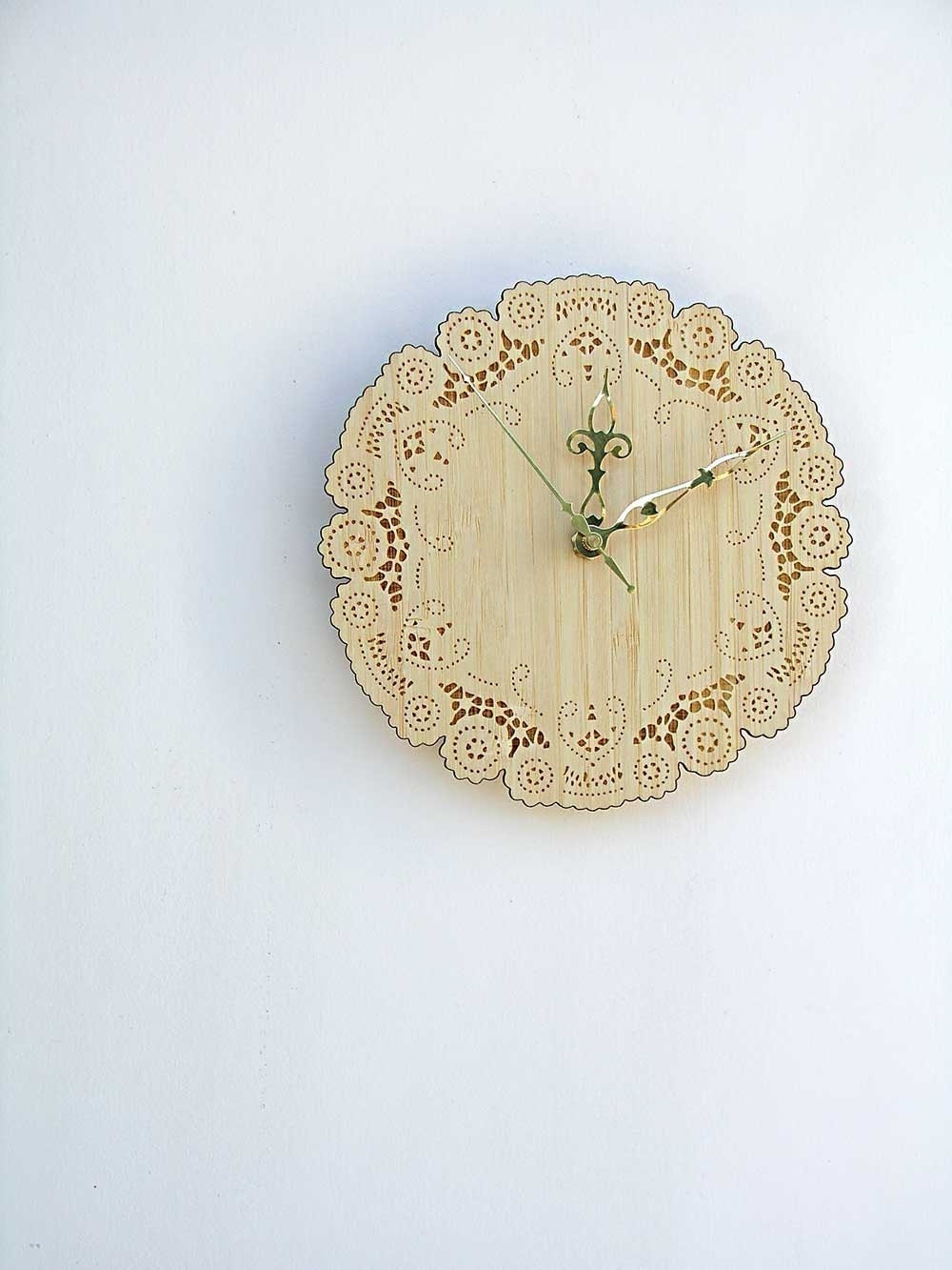 rustic cottage chic bamboo doily clock with brass hands