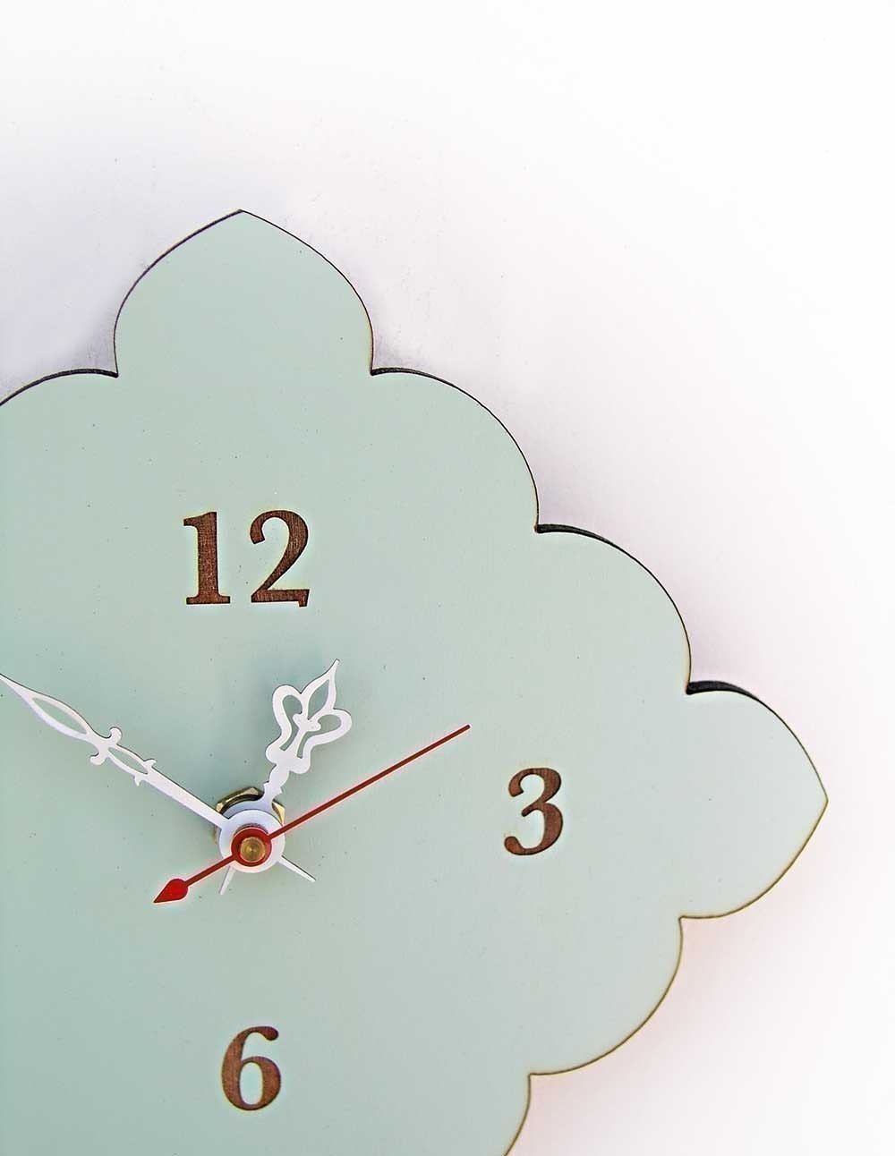 tiny scallop clock - kitchen clock - bathroom clock - vintage blue, red, birch