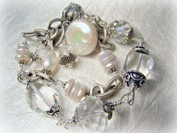 Crystal, pearl, silver bracelet, double strand... Duchess