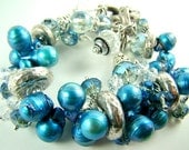 Blue cha cha bracelet, blue pearls, pearl cluster bracelet, chunky charm bracelet... INDIGO