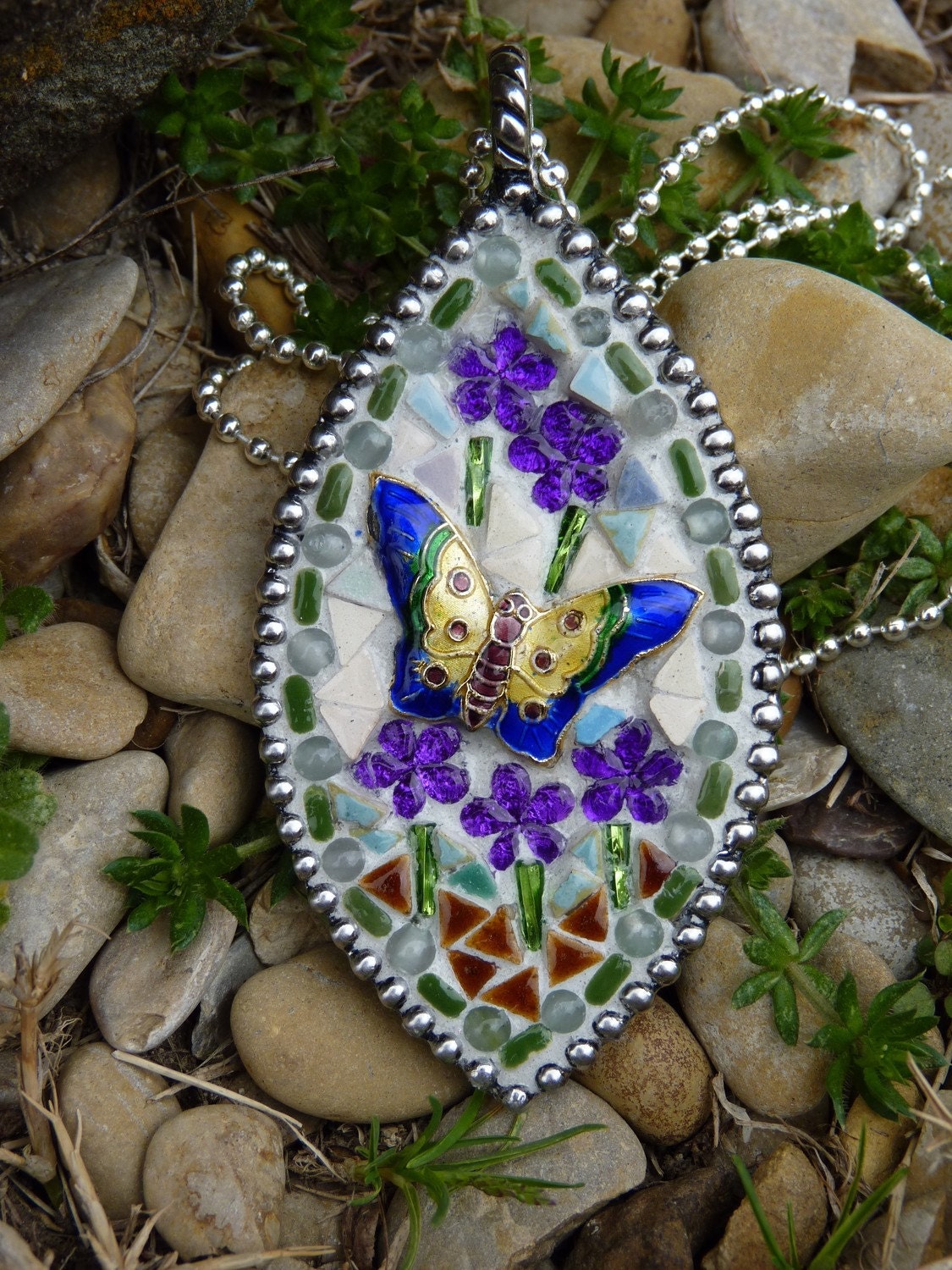 Artisan OAK Mosaic Butterfly Cloisonne Garden Pendant