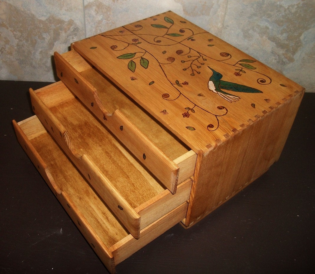 Wood Hummingbird  Organizer with 3 Drawers