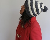 Hand Knit, Striped Hat with Pom Pom. Soft Merino Wool, in Slate and Soft White.