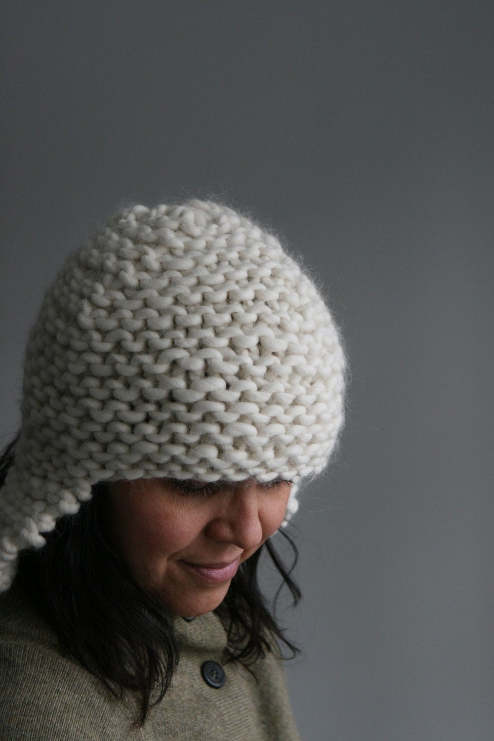 Hand Knit, Chunky Earflap Hat. Alpaca and Wool, in Soft White.