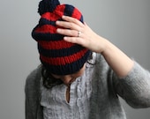 Hand Knit, Striped Hat with Pom Pom. Soft Merino Wool, in Navy and Red.