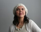 Hand Knit Slouchy Beret with Eyelet Pattern. Soft Merino Wool, in Eco Friendly, Undyed Soft White.