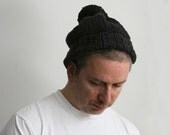 Hand Knit Hat with Pom Pom. Soft Merino Wool, in Black.