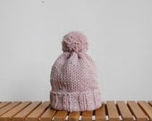 Hand Knit Child's Hat with Pom Pom. Soft Merino Wool, in Blossom.