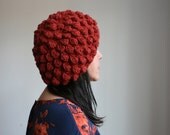 Hand Knit Beret in Bobble Pattern. Soft Merino Wool, in Brick.