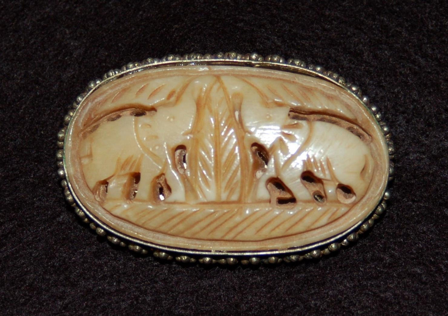 Carved Elephant  Pin Brooch with Brass and Silvertone Metal