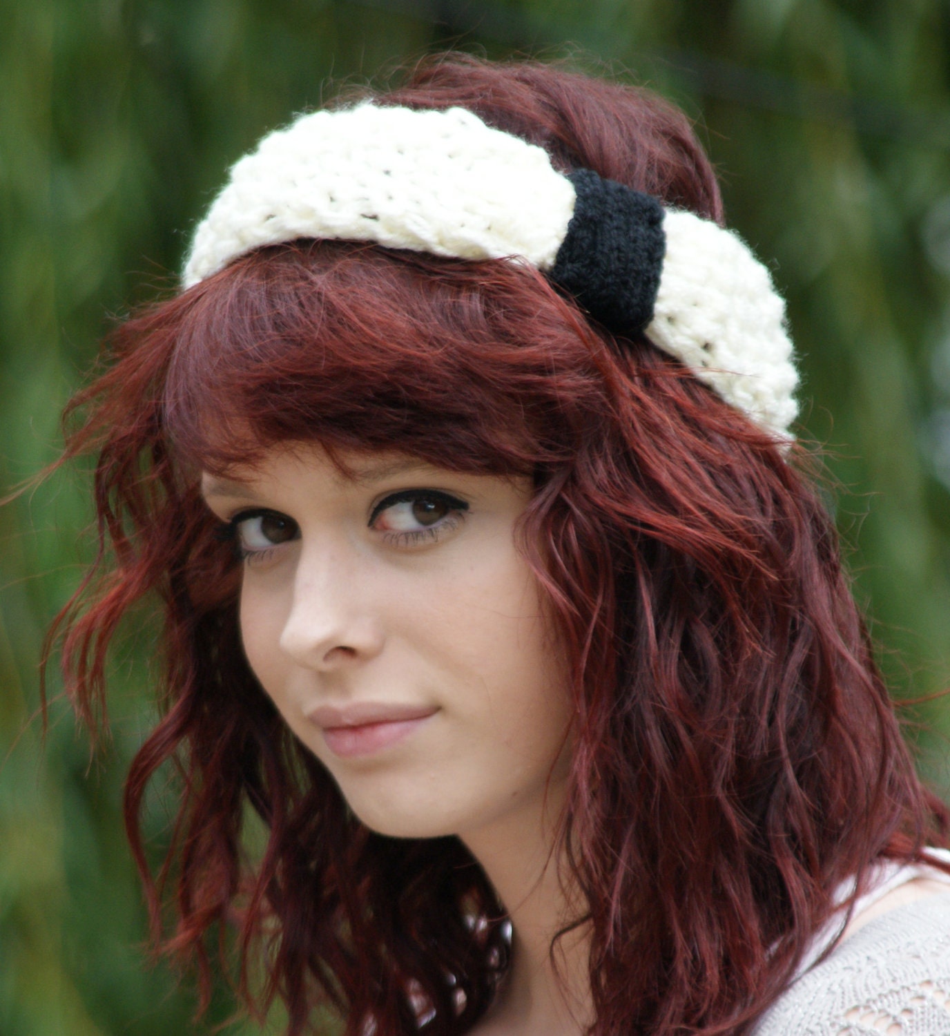 Knitted Cream Bow HeadBand