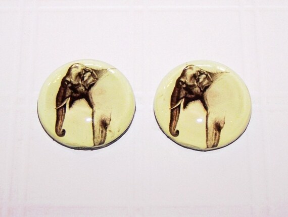 25mm Elephant Cameos, 25mm Glass Cabochon, Vintage  Art Cabs - 2 Pieces