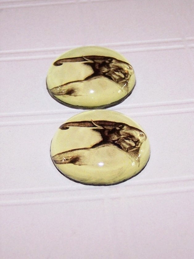 25mm Elephant Cameos, 25mm Glass Cabochon, Vintage  Art Cabs - 2 Pieces