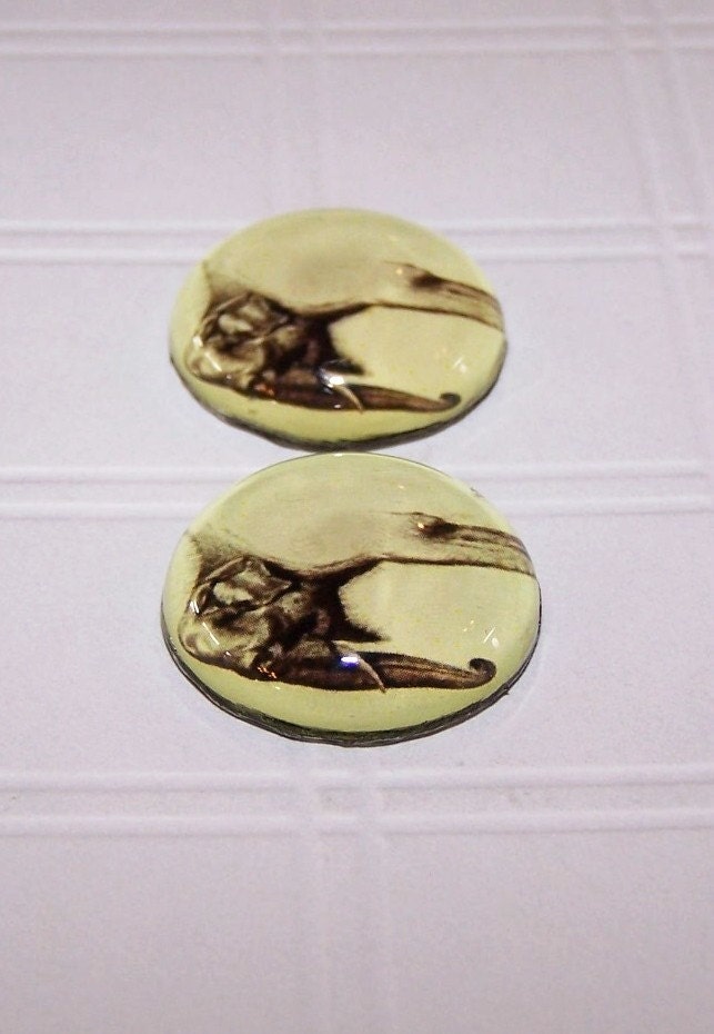 25mm Elephant Cameos, 25mm Glass Cabochon, Vintage  Art Cabs - 2 Pieces