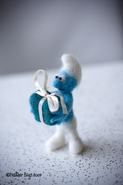 Smurf with a Present.  Needle Felted Decoration, Ornament, Keychain, Necklace, Charm, Pin or Brooch.