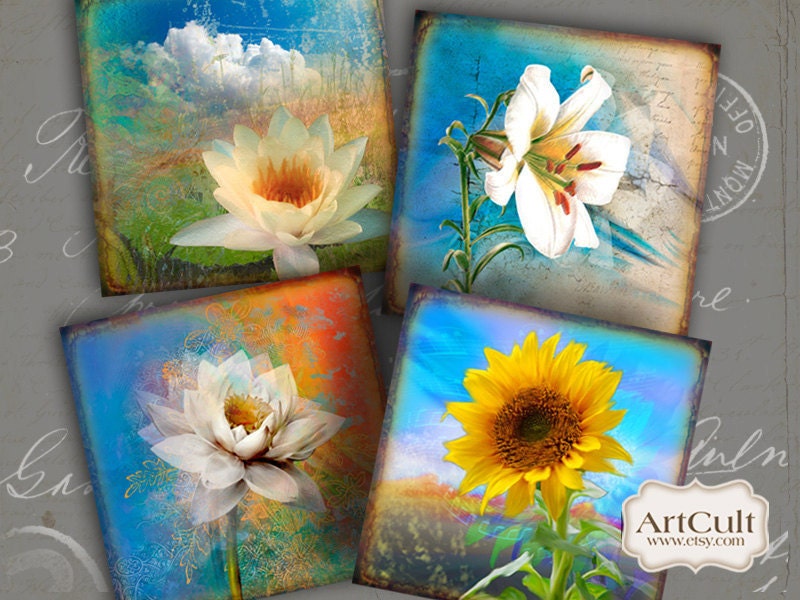 MAGIC FLOWERS - 3.8x3.8 inch Images for Coasters Digital Collage Sheet Greeting cards Paper goods Journaling