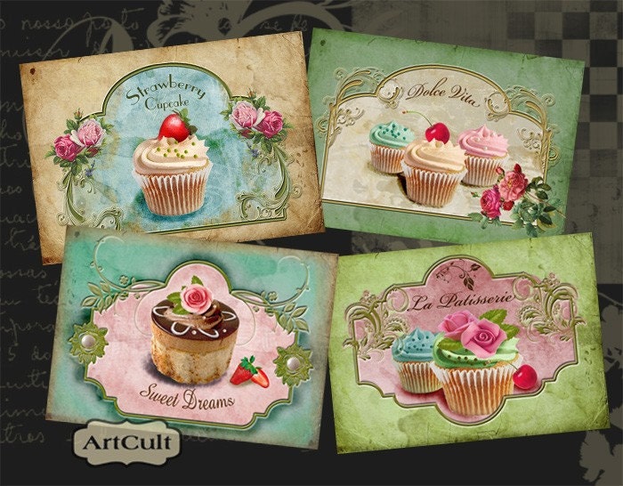 SWEET CUPCAKES - Digital Collage Sheet Gift Tags Printable Download Greeting cards Paper goods